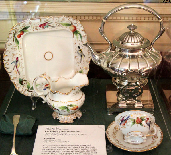 Tiffany hot water pot & Vieu Paris porcelain (19th C) at Rotch-Jones-Duff House. New Bedford, MA.