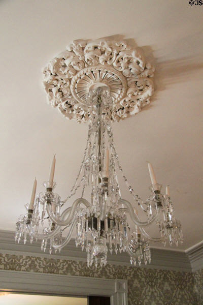 Mount Washington candle glass chandelier made in New Bedford in parlor at Rotch-Jones-Duff House. New Bedford, MA.