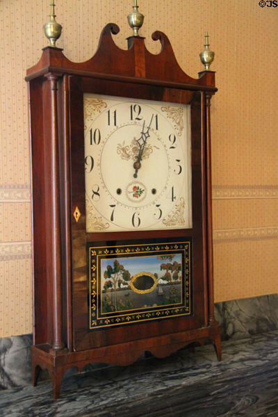 Mantle clock (c1830s) by Eli Terry with painted river scene & swan-neck pediment top at Rotch-Jones-Duff House. New Bedford, MA.