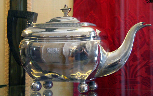 American coin silver teapot (1807) at Rotch-Jones-Duff House. New Bedford, MA.