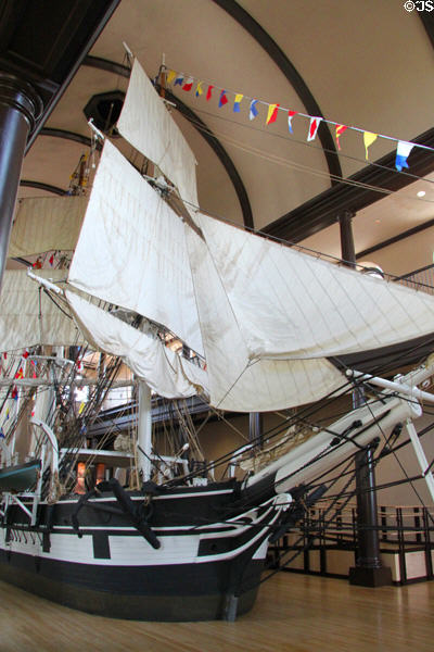 Sails & bow of Lagoda whaling ship model at New Bedford Whaling Museum. New Bedford, MA.