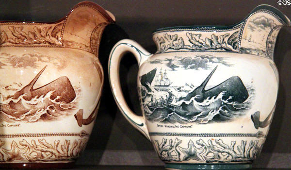 Ceramic pitcher (1907) by Buffalo Pottery showing capture of sperm whale at New Bedford Whaling Museum. New Bedford, MA.