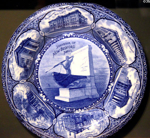 Souvenir plate of New Bedford with Whaleman statue & public buildings at New Bedford Whaling Museum. New Bedford, MA.