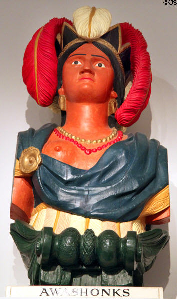 Figurehead of bark Awashonks (1830) from Falmouth, MA at New Bedford Whaling Museum. New Bedford, MA.