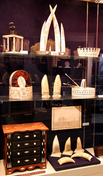 Collection of whale scrimshaw objects at New Bedford Whaling Museum. New Bedford, MA.