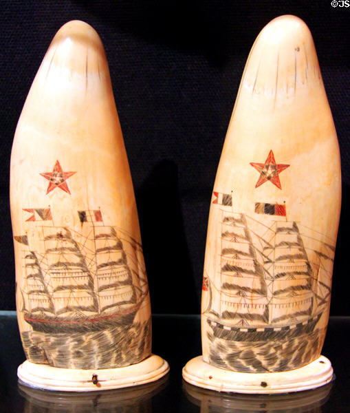 Scrimshaw sailing ships at New Bedford Whaling Museum. New Bedford, MA.