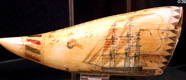 Scrimshaw American sailing ship with balloon overhead at New Bedford Whaling Museum. New Bedford, MA.