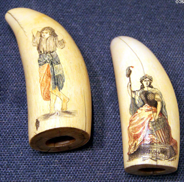 Scrimshaw figures of liberty at New Bedford Whaling Museum. New Bedford, MA.