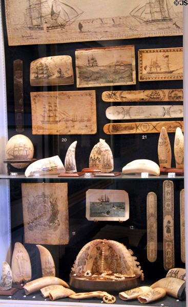 Collection of British scrimshaw (19th C) at New Bedford Whaling Museum. New Bedford, MA.