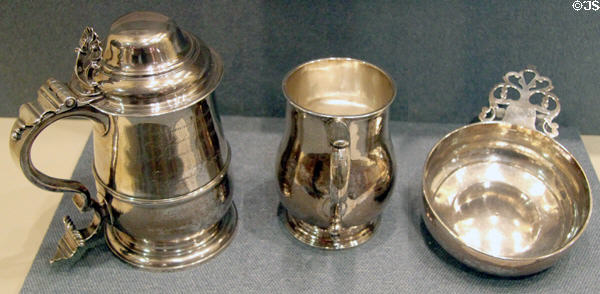 Early American silver pieces at New Bedford Whaling Museum. New Bedford, MA.