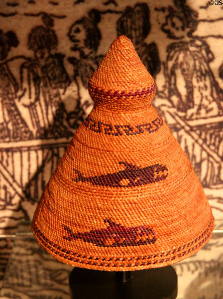 Northwest coast native spruce root woven whaler's hat (19thC) at New Bedford Whaling Museum. New Bedford, MA.