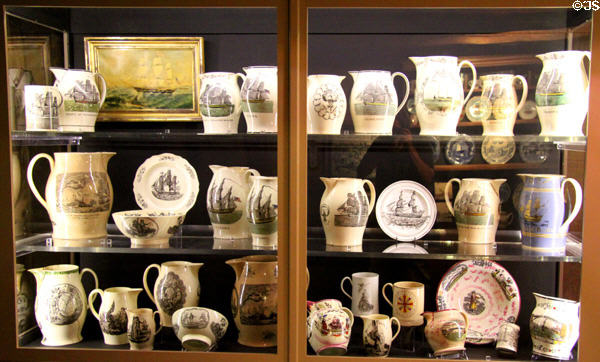Collection of British creamware pottery (1750s-1840s) decorated with ships & other themes at New Bedford Whaling Museum. New Bedford, MA.