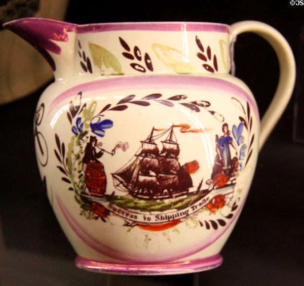 Lusterware pottery jug (c1810) with motto Success to Shipping Trade at New Bedford Whaling Museum. New Bedford, MA.