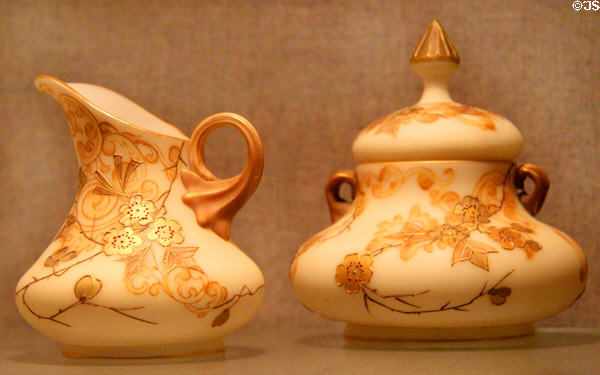 Crown Milano glass cream pitcher & sugar bowl (c1888-95) by Mount Washington Glass Co. of New Bedford at New Bedford Whaling Museum. New Bedford, MA.