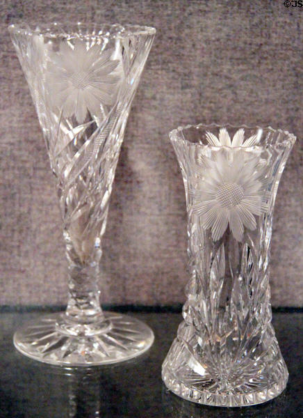 Cut glass vases with daisies & fan pattern by Pairpoint (1870-1920) at New Bedford Whaling Museum. New Bedford, MA.