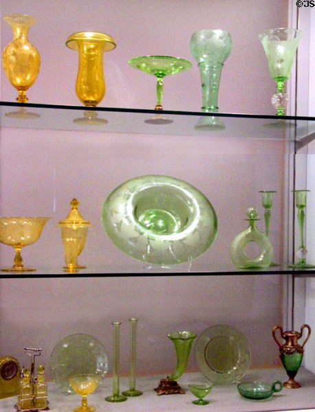 Collection of colored glass made by Pairpoint & Gundersen Cos. in New Bedford (1900-1952) at New Bedford Whaling Museum. New Bedford, MA.