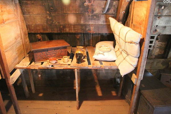 Bed for Pilgrim passenger with possessions on Mayflower II. Plymouth, MA.