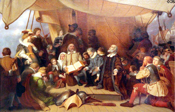 Embarkation of the Pilgrims painting (c1836) study by Robert W. Weir with final in U.S. Capitol rotunda at Pilgrim Hall Museum. Plymouth, MA.