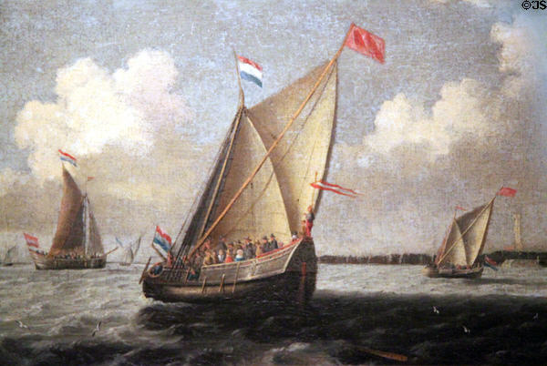 Dutch Ships in Harbor painting (c1625-50) by Abraham de Verwer showing ships similar to Speedwell which could not make voyage to American with the Mayflower at Pilgrim Hall Museum. Plymouth, MA.