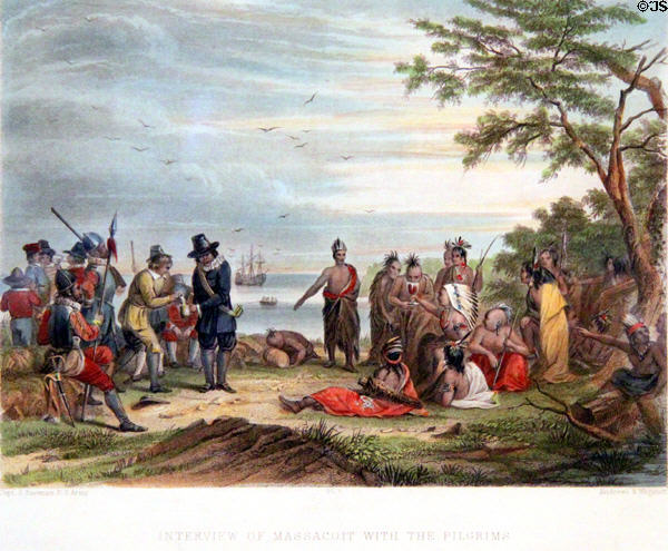 Interview of Massasoit with the Pilgrims engraving (19thC) by Lippincott, Grambo & Co. of Philadelphia at Pilgrim Hall Museum. Plymouth, MA.