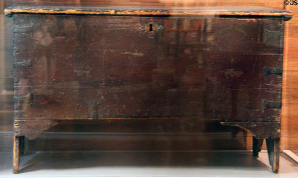 Brewster Chest (1600-20) from The Netherlands thought to have been brought on Mayflower at Pilgrim Hall Museum. Plymouth, MA.