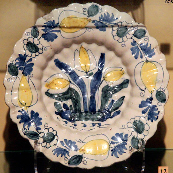 Standish family Delft plate (1685-1700) from England at Pilgrim Hall Museum. Plymouth, MA.