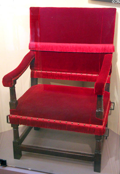Edward Winslow family upholstered chair (c1620-50) from England at Pilgrim Hall Museum. Plymouth, MA.