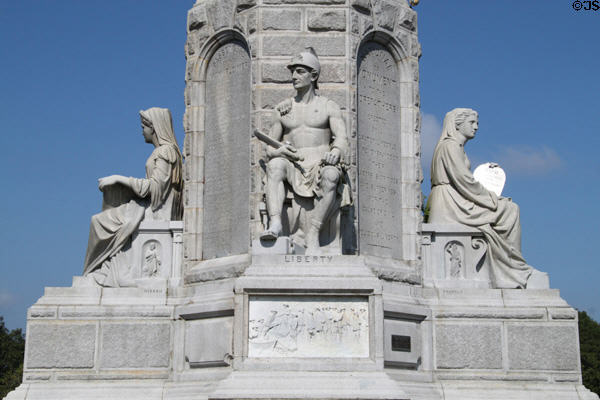 Seated figures of Education, Liberty & Morality on base of National Forefathers Monument. Plymouth, MA.