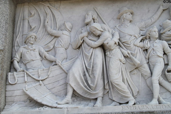 Detail of relief of Pilgrims' embarkation on National Forefathers Monument. Plymouth, MA.