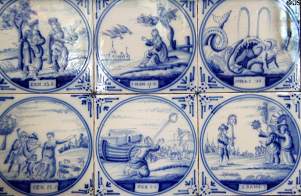 Delft tiles with biblical scenes around fireplace in Mayflower Society House. Plymouth, MA.