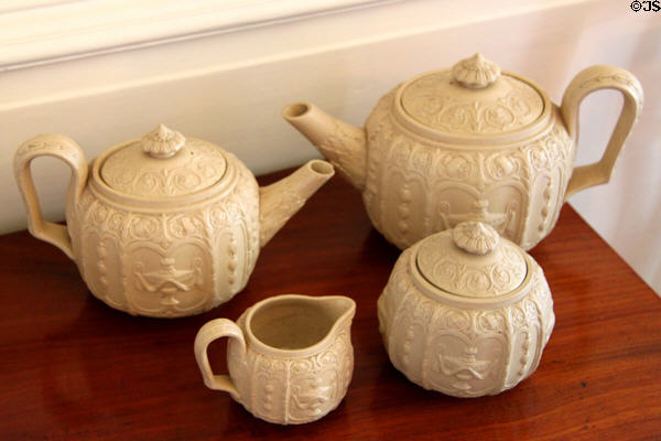 White neoclassical ceramic tea service at Mayflower Society House. Plymouth, MA.