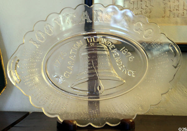 Pressed glass plate (1876) marking 100th year of Declaration of Independence at Mayflower Society House. Plymouth, MA.