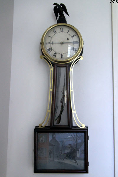 American banjo clock with scene of midnight ride of Paul Revere at Mayflower Society House. Plymouth, MA.