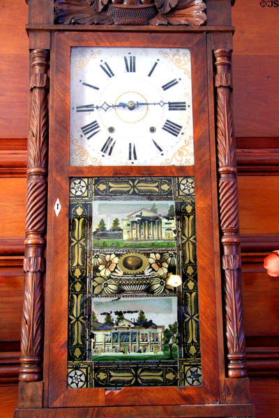 Mantle clock with glass-painted neoclassical mansions by Marsh Gilbert & Co. of Farmington, Conn. at Mayflower Society House. Plymouth, MA.