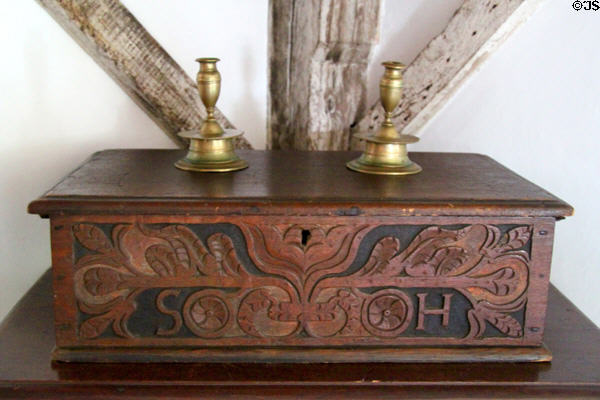 Carved chest initialed SH at Jabez Howland House. Plymouth, MA.