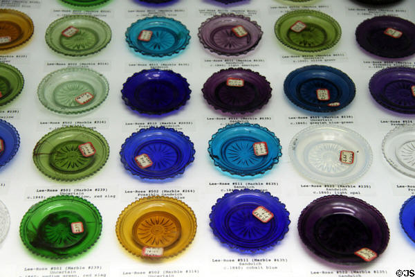 Multicolored glass cup plates (1820-50) for which Sandwich Glass is famous at Sandwich Glass Museum. Sandwich, MA.
