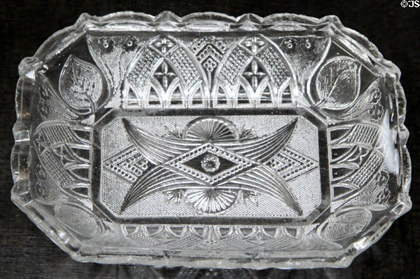 Pressed glass Gothic arch dish (1835-40) by Boston & Sandwich Glass Co. at Sandwich Glass Museum. Sandwich, MA.
