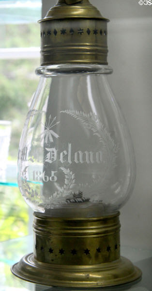 Mold-blown lantern (1865) engraved with name of Dr. Marcus F. Delano who served as surgeon in Civil War by Boston & Sandwich Glass Co. or Cape Cod Glass Co. at Sandwich Glass Museum. Sandwich, MA.