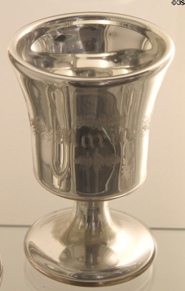 Engraved silvered chalice (c1860) by Boston & Sandwich Glass Co. at Sandwich Glass Museum. Sandwich, MA.