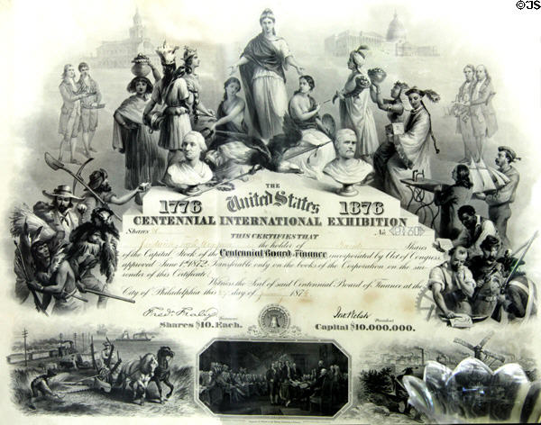 1876 Centennial International Exhibition stock certificate at Sandwich Glass Museum. Sandwich, MA.