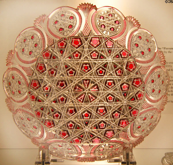 Cut ruby-overlay dish (1885) by Eugene Perrote of Boston & Sandwich Glass Co. at Sandwich Glass Museum. Sandwich, MA.