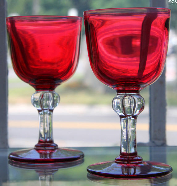 Blown ruby goblets (1888-91) by Sandwich Co-Operative Glass Co. at Sandwich Glass Museum. Sandwich, MA.