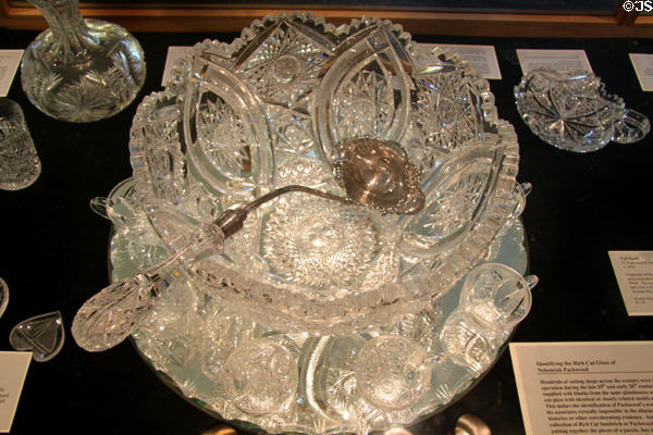Cut punch bowl set (1893) by N. Packwood & Co. of Sandwich won medal at Chicago World's Fair at Sandwich Glass Museum. Sandwich, MA.