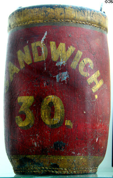 Leather fire bucket (c1876) at Sandwich Glass Museum. Sandwich, MA.
