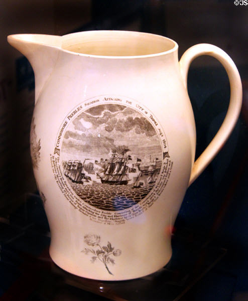 Pitcher commemorates American naval attack on Tripoli (Aug. 3, 1804) made in Liverpool, England at USS Constitution Museum. Boston, MA.