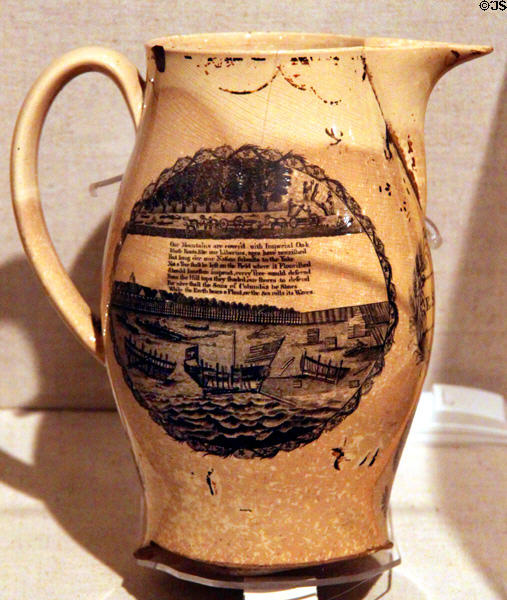 Pitcher (c1800) shows building of USS Constitution at USS Constitution Museum. Boston, MA.