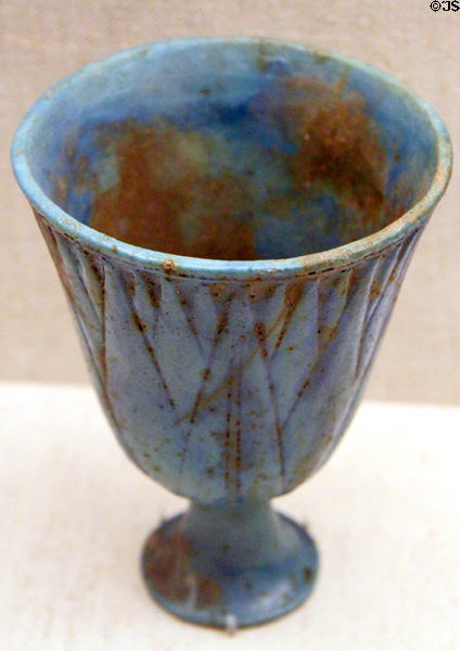 Ancient Egyptian faience blue lotus chalice (1504-1349 BCE) from Abydos at Museum of Fine Arts. Boston, MA.