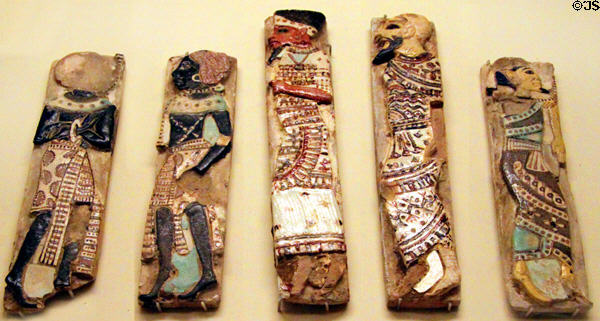 Ancient Egyptian faience & glass palace inlays showing Nubian, Philistine, Amorite & Syrian men (1182-1151 BCE) from Thebes at Museum of Fine Arts. Boston, MA.