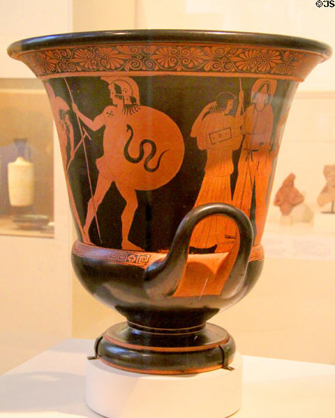 Ancient Greek red-figured krator with scenes from Trojan War (460 BCE) at Museum of Fine Arts. Boston, MA.