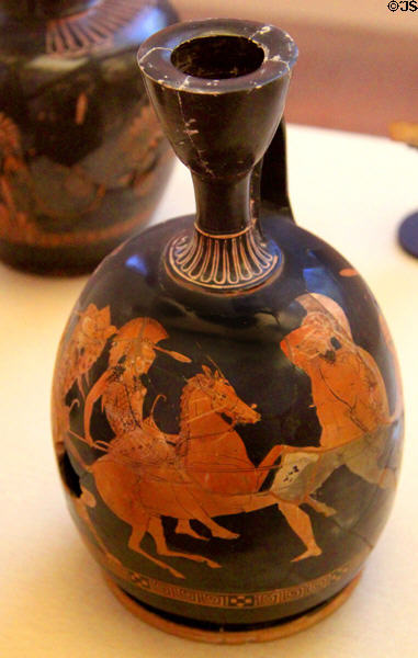 Ancient Greek red-figured lekythos showing battle of Greeks & Amazons (c430 BCE) at Museum of Fine Arts. Boston, MA.